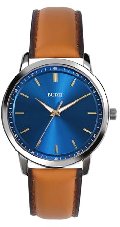 BUREI Herren-Armbanduhr, modisch, minimalistisch, braunes Leder, klassisches Kleid, analog, Quarz, wasserdicht, ultradünnes Design, relojes para Hombres (Blaubraun)