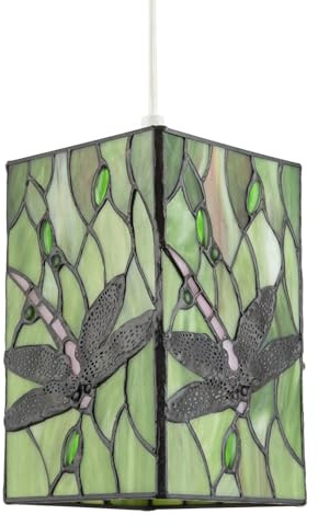 Traditional Green Stained Glass Dragonfly Rectangular Tiffany Pendant Light Shade | 20cm x 13cm | Oval and Round Beads by Happy Homewares