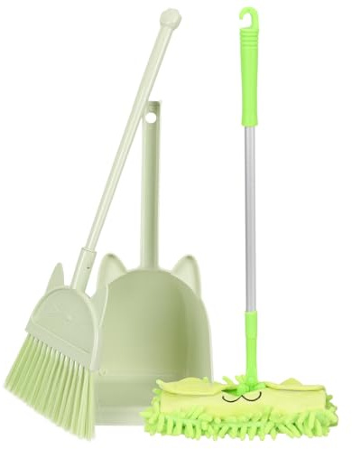 Toyvian Kids Broom and Mop Set for Toddlers, Mini Dustpan Brush Cleaning Toy Cartoon Stickers, Green Toddler Cleaning Playset for Home Pretend Play
