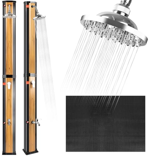 COOLWEST Solardusche 60 Liter mit Kunststoffmatte, Solar Dusche für Garten mit 360° Schwenkbarem Duschkopf & Fußdusche, Einstellbare Temperatur Solar Außendusche Warmes Wasser bis 60°C, 228cm