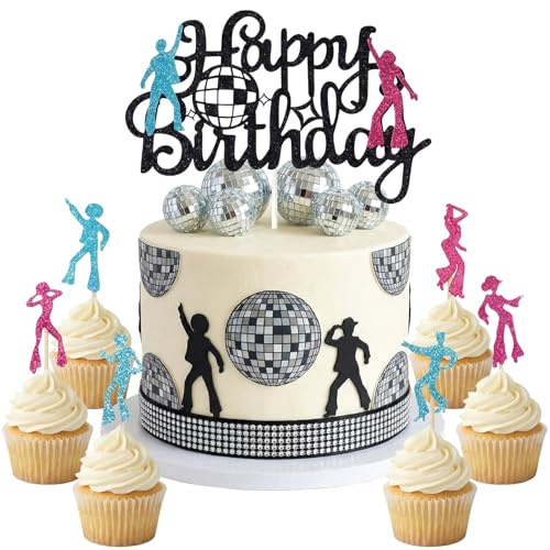 Axvxby 25 Stück Discokugel Tortendeko Kuchen Topper Cupcake Deko 70er 80er Jahre Disco Party Geburtstag Dekoration Geburtstagsfeier Hippie Neon Tanzende Menschen Discokugel Tanz Disco Ball
