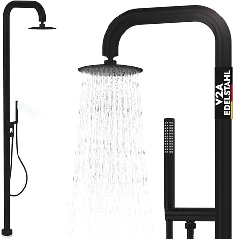Gartendusche Edelstahl Außendusche schwarz V2A / 304 rostfrei | Warm- und Kaltwasser, Edelstahl Handbrause, 20cm Edelstahl Regendusche, Restentleert winterfest, Sauna Dusche Garten