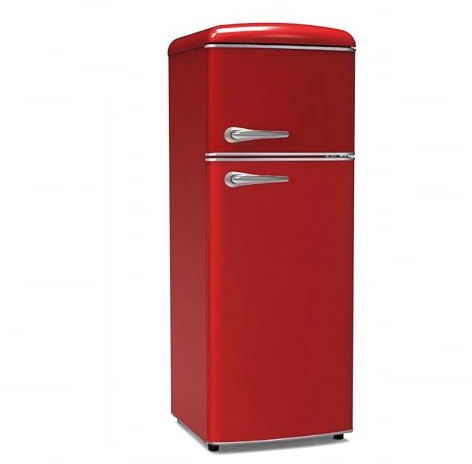 EMPOTEC Frigorifero Retrò Vintage 240 Litri Totali Acciaio Laminato Maniglie in Plastica Cromata Luce Congelatore 43 Litri 2 Ruote Posteriori Temperatura Regolabile 149H x 55P x 61L (Rosso)