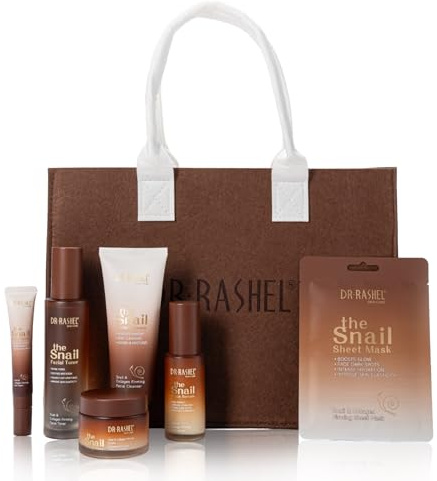Gesichtspflege Set mit Snail Mucin & Kollagen - Schneckenschleim Gesicht Serum, Augenserum, Tages & Nachtcreme, 10x Tuchmaske, Gesichtsreinigung, Toner, Sonnencreme SPF 50 - Anti-Aging, glatte Haut