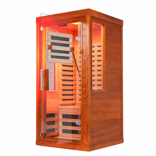 1&2 Person Far Infrared Sauna Room, Hemlock Wood Indoor Sauna with Clear Glass Front Door, 6&7 Color Light Therapy, Low EMF Carbon Heaters for Home Spa Relaxation
