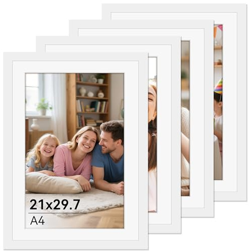 Zouway 4 Stück Bilderrahmen A4 Weiß, Rahmen 21x30 mit Plexiglas, Bilderrahmen für Fotos, Bilder, Poster (Weiß, A4)