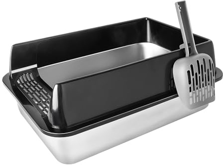 Bandeja de arena de acero inoxidable, sólida y estable, de diseño moderno, fácil de limpiar, versátil, adecuada para la mayoría de los gatos (negro, 50 x 35 x 20 cm)