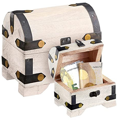 Casa Vivente 2er Set Schatztruhen, Große und kleine Holzkiste mit Metallbeschlägen, Aufbewahrungsbox aus weißem Holz, Verpackung für Geldgeschenke