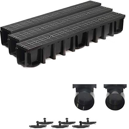 3m Entwässerungsrinne Terrassenrinne, System A15 148mm Stegrost Kunststoff, schwarz-line, komplett SET
