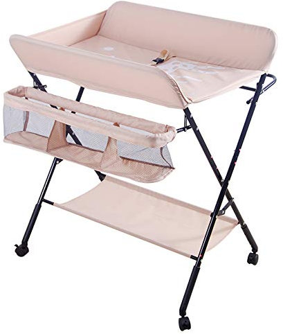Flyelf Table à Langer, Matelas à Langer avec Mesure de Taille,Commode à Langer avec Boucle de Ceinture de Sécurité Barrière de Sécurité et Roues Universelles (Rose clair)