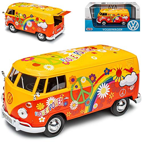 Motormax Volkwagen T1 Flower Power Gelb Rot Love and Peace Blumen 1950-1967 1/24 Modell Auto mit individiuellem Wunschkennzeichen
