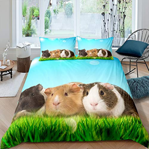 Tbrand Mädchen Meerschweinchen Bettbezug Set Cute Cavy Bettwäsche Set 135x200cm für Kinder Jungen Grünland Schöne Haustiere Tier Dekor Betten Set Natur Blau Grün Mikrofaser mit 1 Kissenbezug