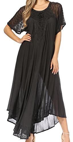 Sakkas 16603 - Egan Long Embroidered Caftan Dress/Cover Up with Embroidered Cap Sleeves - P-Black - OS