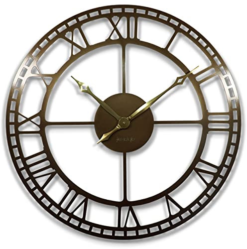 FLEXISTYLE Wanduhr groß Vintage Retro XXL 80 cm Durchmesser Metall Industrial Schwarz Weiß Golden (antikes Gold)