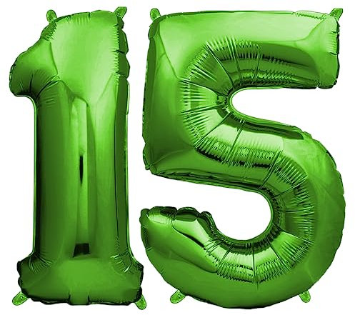 envami® Deko 15 Geburtstag Junge - Grün 101CM - Ballon Zahl Luftballon 15. Geburtstag - Zahlen Luftballon Geburtstagsdeko 15 Junge - Folienballon 15 Junge - 15 Jahre - Helium
