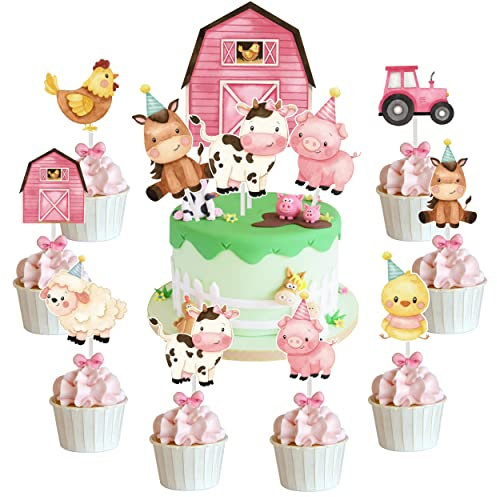 Rosa Bauernhof Tier Kuchen Dekoration Bauernhof Tier Geburtstag Kuchen Topper Bauernhof Tier Thema Party Tier Cupcake Topper Kuh Kuchen Dekoration für Bauernhof Tier Baby Dusche Geburtstag Party