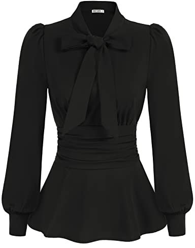 GRACE KARIN Women Victorian Stand Collar Ruffled Blouses Vintage Corset Long Sleeve Shirt Black Tops Black L