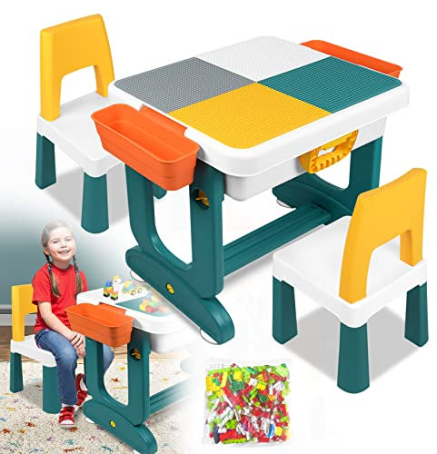 LARS360 Kindertisch mit Stühle Kindersitzgruppe Multifunktionaler Bausteintisch Aktivitätstisch Doppelseitiger Tabelle zum Kleinkind Spieltisch Kindergarten (Ausgestattet mit 300 Bausteinen)