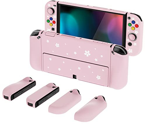 PlayVital AlterGrips Hülle für Nintendo Switch OLED, Joy Con Slim Case Hülle Schutzhülle Zubehör, Ergonomische Grip mit Thumbstick Caps&Tasten Kappen für Nintendo Switch OLED(Kirschblütenblätter)