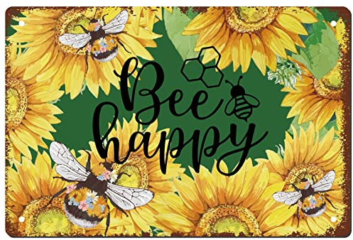 CREATCABIN Bee Happy Retro Metal Tin Sign Vintage Rustic Wall Art Decor House Plaque Poster for Home Farm Garden Kitchen Coffee Office Garage Decoration 12 x 8 Inch