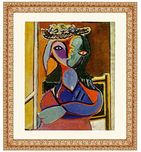 Lasite Pablo Picasso Leinwandbilder Kunstdruck Bilder Reproduktion Leinwanddruck Bilder Leinwand gerahmt fertig zum Aufhängen(Frau mit Hut,(60x72cm) 24x28inch-Vintage Gold geprägte Matte)-3