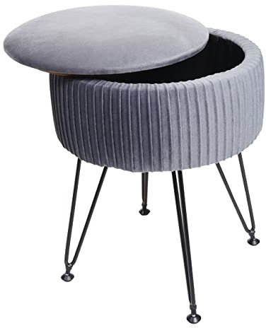 Mendler Sitzhocker HWC-K47, Hocker mit Staufach, Ø 33cm, Samt-Optik - hellgrau, Gestell schwarz