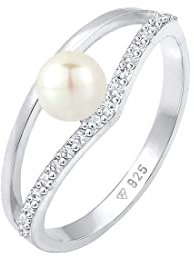 Elli Ring Damen Elegant Geo Design mit Süßwasserzuchtperle und Kristallen in 925 Sterling Silber Vergoldet