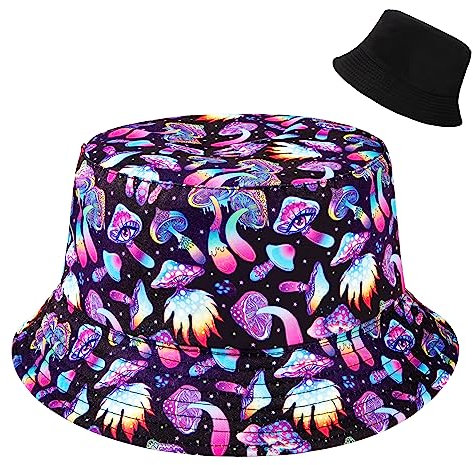 Newellsail Fischerhüte Doppelseitig Reversibel Trippy Pilze Druck Fischerhut Faltbarer Unisex Fishermütze für Wandern Camping Reisen Angeln (56-58cm)