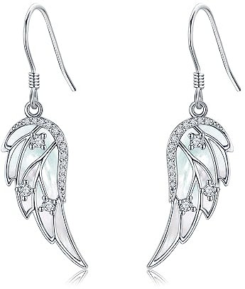 URONE Engelsflügel Ohrring 925 Sterling Silber Tropfenohrring mit weißer Muschel Engelsflügel Schmuck Geschenk für Frauen Mädchen Frau Mutter Tochter