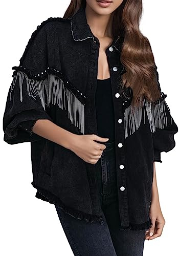 KBOPLEMQ Damen Jeansjacke mit Nieten und Fransen, kurze Cowgirl-Jeansjacke Langarm Strickjacke Vintage Denim Jeansmantel Outwear Streetwear Einfarbig Casual Cowgirl Jeans Mantel Streetwear