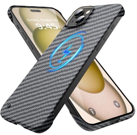 GRECAZO Magnetic Ultra-Thin Frosted Soft Touch Skin Borderless Carbon Fiber Bump Texture for iPhone 15 Frameless Case 6.1 Slim Minimalist Lightweight Frameless Matte Hard for MagSafe Cover Case-Black