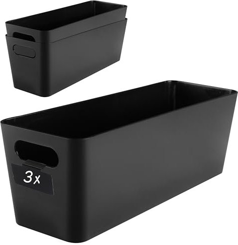 Hummelladen 3X Ordnungsbox 10 cm hoch - schwarz 30x10x10cm 2 Liter - mit Beschriftungsclip Ordnungskorb Schublade Organizerbox Ordnungssystem Kunststoff Aufbewahrung Korb Schrank Schreibtisch Kiste