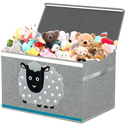VERONLY Caja de almacenamiento con tapa grande, caja de juguetes con asas, 72 L, plegable, para habitación de los niños, ropa, libros, dormitorio (oveja gris)
