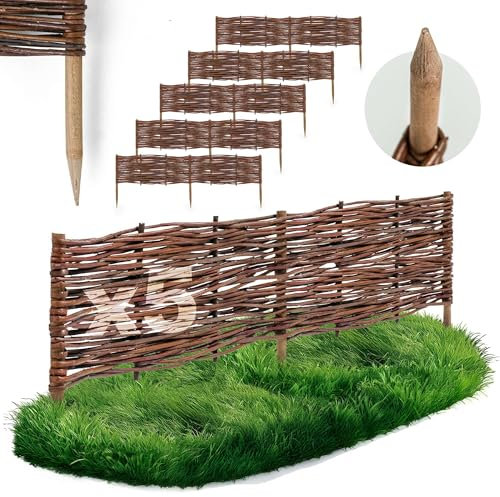 5 x BOGATECO Beeteinfassung aus Weide | 100 cm Lang & 20 cm Hoch | Holz-Zaun Rasenkante | Weiden-Zaun Steckzaun Perfekt für den Garten als Weg-Abgrenzung | Gartenzaun Weidezaun Zaunelemente