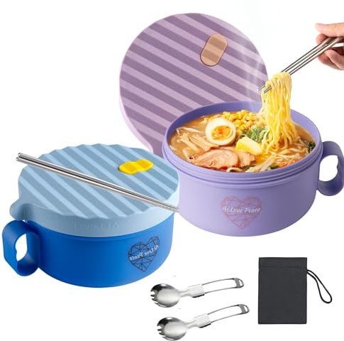 Microwave Noodle Bowl with Lid,Ramen Bowl,Porridge Bowl,Microwave Bowl with Vented Lid, Soup Mug with Lid,Microwavable Soup Container, Soup Bowl, Breakfast Pot with chopstick & fork ,1200ml. BPA Free.