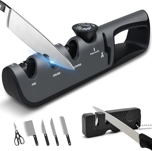 BOCHION Aiguiseur Couteaux Professionnel, 4 en 1 Affuteur Couteau avec Ciseaux, 6 Niveaux Réglable Bouton D'angle Eguiseur de Couteau, Multifonctionnel Affuteur Couteau Manuel & Aiguiseurs Poche(Gris)
