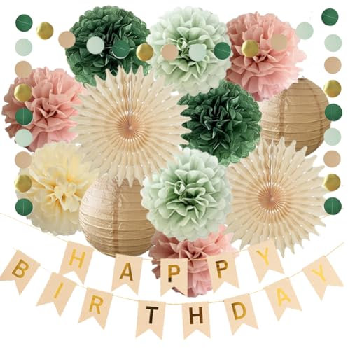 Geburtstag Deko Salbeigrün Rosa Beige Happy Birthday Papier Girlande Olivgrün Rosa Seidenpapier Pompoms für Frauen Mädchen Neutral Geburtstag Party Deko