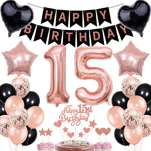 Deko 15. Geburtstag Mädchen Rosegold Schwarz Deko Set Tortendeko 15 Geburtstag Mädchen Junge mit Banner Deko Geschenk 15th Ballons 15 Jahr Geburtstagdeko Zahl 15 Luftballons für 15.ter Geburtstag
