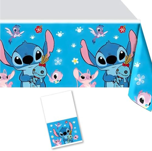 POPOYU Stitch Tischdecke, 137x274cm Tischdecke mit Cartoon Hintergrund, Blaue Stitch Tischdecke für Geburtstagsparty Dekoration, Stitch Geburtstags Mottoparty, Stitch Kostümparty für Kinder Party