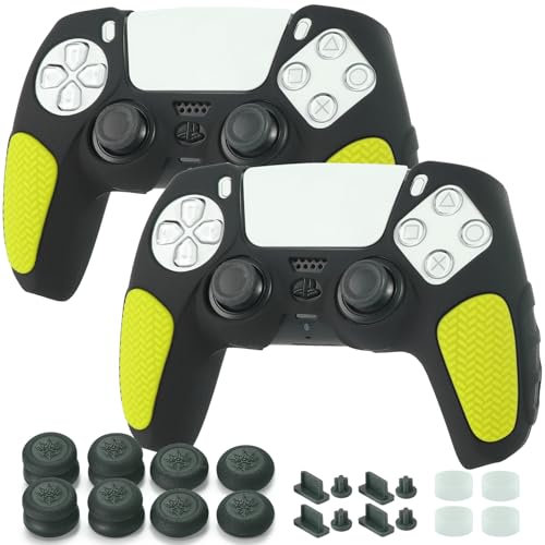 YoRHa 2 fundas protectoras con mango antideslizante para mando de PS5, color negro y amarillo con empuñaduras para el pulgar, 8 tapones, 4 protectores anólogos