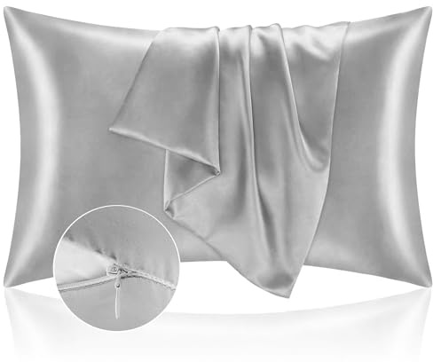 Kissenbezug Bett 40x70 aus Satin - Satinbezug Schützt Haut und Haare - Super Weich und Hypoallergen - 2er Set Kissenbezug mit Reißverschluss - Silber