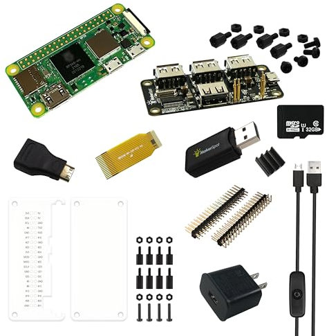 MakerSpot Pi Zero 2W (WiFi/Bluetooth) Komplettes Starter-Kit mit 4-Port stapelbarem USB-Hub, Mini-HDMI-Konverter, Acryl-Protektoren, 5V2.4A Ladegerät und Kamerakabel