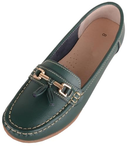 ABSOLUTE FOOTWEAR Womens Slip On Casual Leather Loafer Deck Boat Shoes Sandals - Hunter Green - UK 4