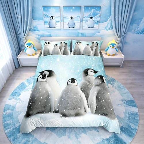 Homemissing Bettwäsche-Set für Doppel-Pinguin, niedlicher Pinguin, lustiges Tier-Bettwäsche-Set, Kinder und Erwachsene, niedliches Tiermuster, Wolle, superweich, Schlafzimmer-Dekoration