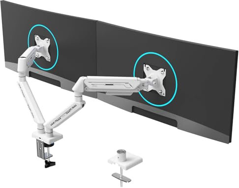 ETHU Dual Monitor Arm Desk Mount for 13-32 inch from 2 to 9 Kg, Height Adjustable Desk Mount with Tilt Swivel Rotation, Gas Spring Dual Monitor Stand with C-Clamp/Grommet Base (White)