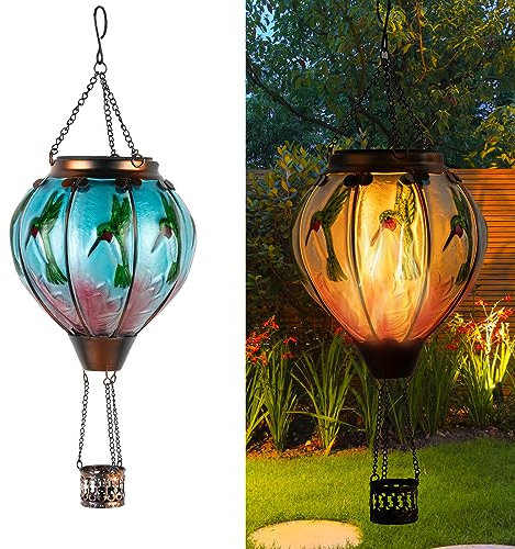 pearlstar Hot Air Balloon Solar Garden Light with Flickering Flame, Hot Air Balloon Light, Outdoor Solar Lantern Waterproof for Yard Patio Farmhouse Decoration, Hummingbird