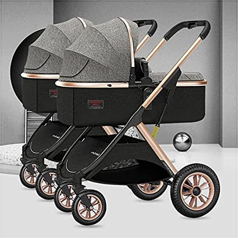 Twins-Cozy kompakter Zwillingskinderwagen, Doppelsitz-Tandem-Kinderwagen, Doppel-Kinderwagen mit Tandemsitz, Tandemschirm, Kinderwagen für Mädchen und Jungen (grau)