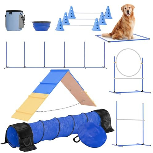FetchFlow Agility-Ausrüstung für Hunde – Komplettes Hunde-Agility-Kurs-Hinterhof-Set mit geflochtenen Stangen, A-Rahmenleiter, Kegeln, Hunde-Springreifen, Hunde-Agility-Tunnel-Sandsäcken, robustes