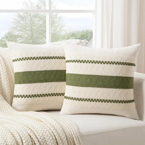 FDTERN 2er Set Boho Kissenbezug 40x40 Gras Grün,Dekorative Leinen Kissenbezüge Kissenhülle Dekokissenbezug Sofakissen Dekokissen Deko für Sofa Schlafzimmer Wohnzimmer