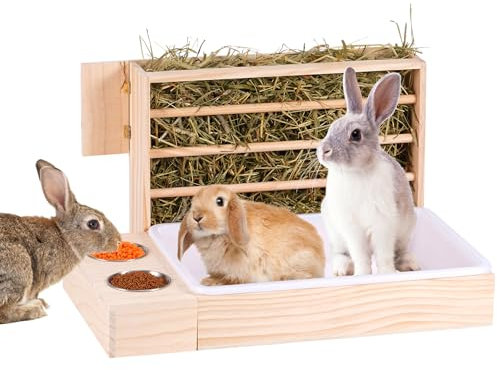 MUALROUS 3 in 1 Großer Kaninchen Heu Feeder mit Katzentoilette Holz Futterautomat aus Holz mit 2 Näpfen Hase Toilette für Kaninchen Meerschweinchen Chinchilla Hase Andere Kleintiere